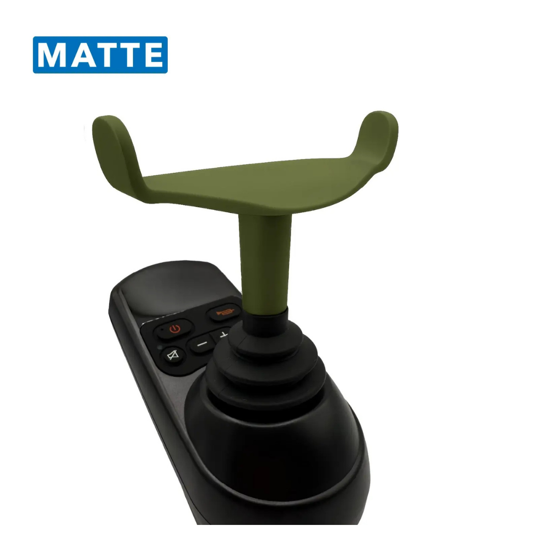 The ComfyGo Ergonomic U-Shaped Joystick Handle with Flex Shaft for Powerchairs is displayed in matte olive green with three prominent buttons and a unique Y-shaped design for enhanced comfort and control, set against a white background.